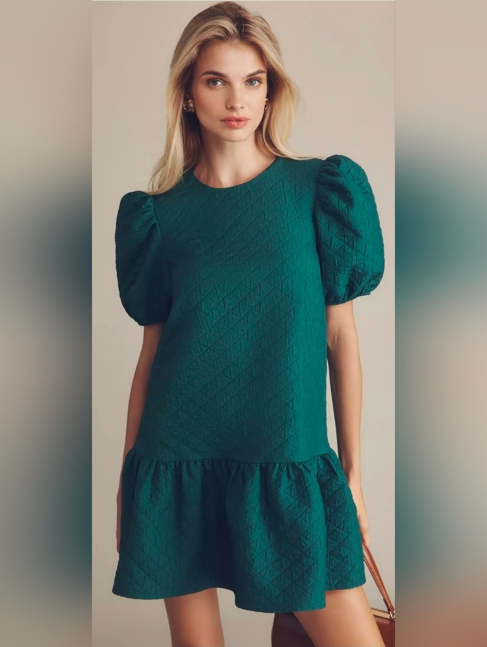 Anthropologie Maeve Green Puff-Sleeve Drop-Waist Mini Dress
